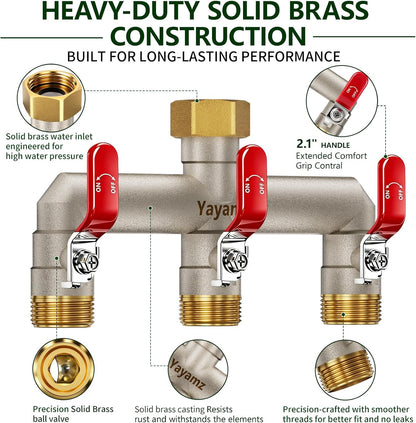 Garden Hose Splitter 3-Way, Heavy Duty Brass Hose Splitter | Outdoor Water Spigot Splitter, Full Flow, Long Handles, Shut-off Valves, Wide Spacing Fit Large Timer
