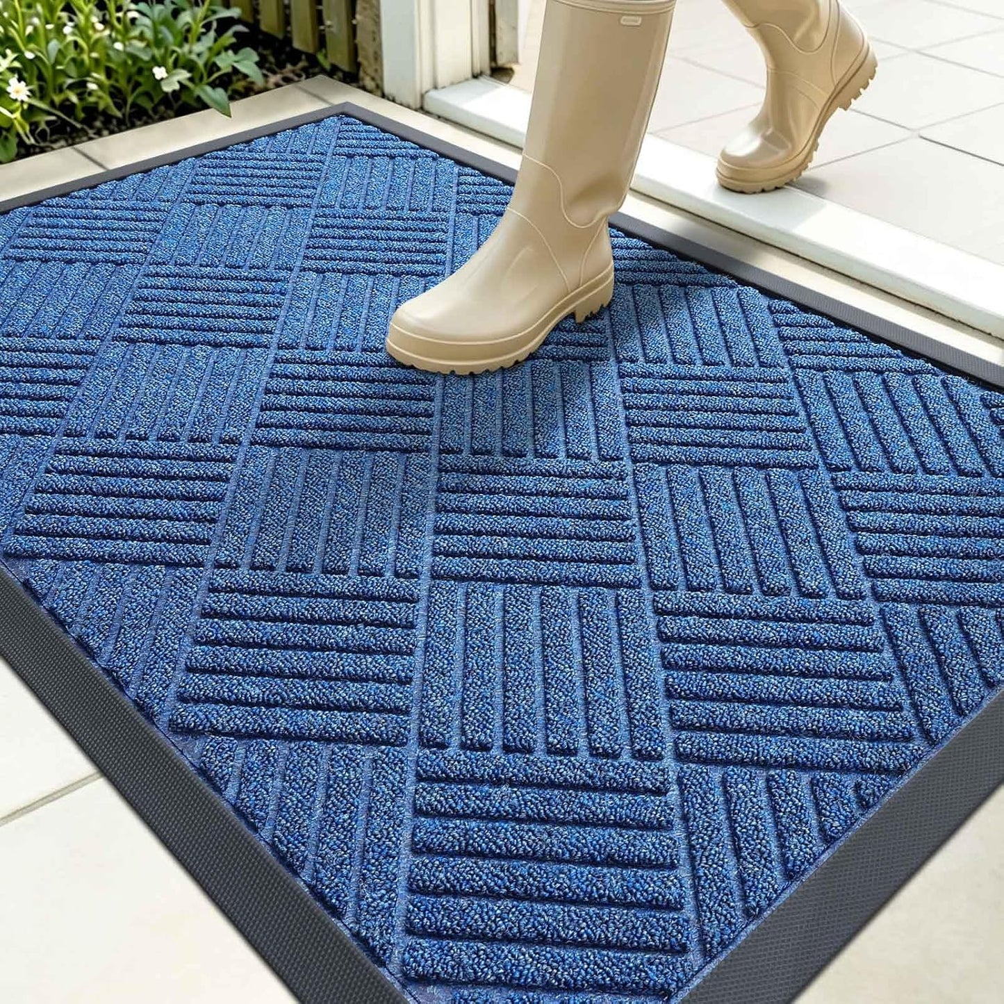OLANLY Front Door Mat Outside Entrance 29.5x17, Absorbent, Heavy Duty Sturdy Natural Rubber Doormat Indoor Outdoor, Stain and Fade Resistant, Non-Slip Low Profile Floor Mat for Entryway, Grey Diamond