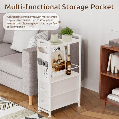 Oppro Small Narrow Side End Table, 2 Drawer Slim Nightstand Bedside Sofa Table with Wheels, Space Saving Rolling Skinny Thin Desk with Storage Bag for Bedroom Living Room Couch Bathroom Dorm