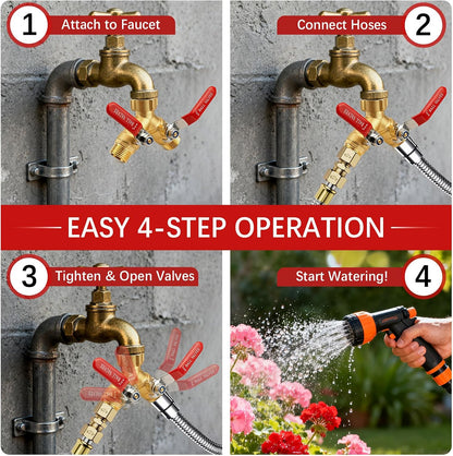 Hose Splitter 2 Way Heavy Duty - Brass Garden Hose Splitter 304 Stainless Steel Long Handles,Y Valve 3/4 Inch GHT Thread Outdoor Faucet Splitter-Full Flow Shutoff Valves 2 Washers&Teflon Tape