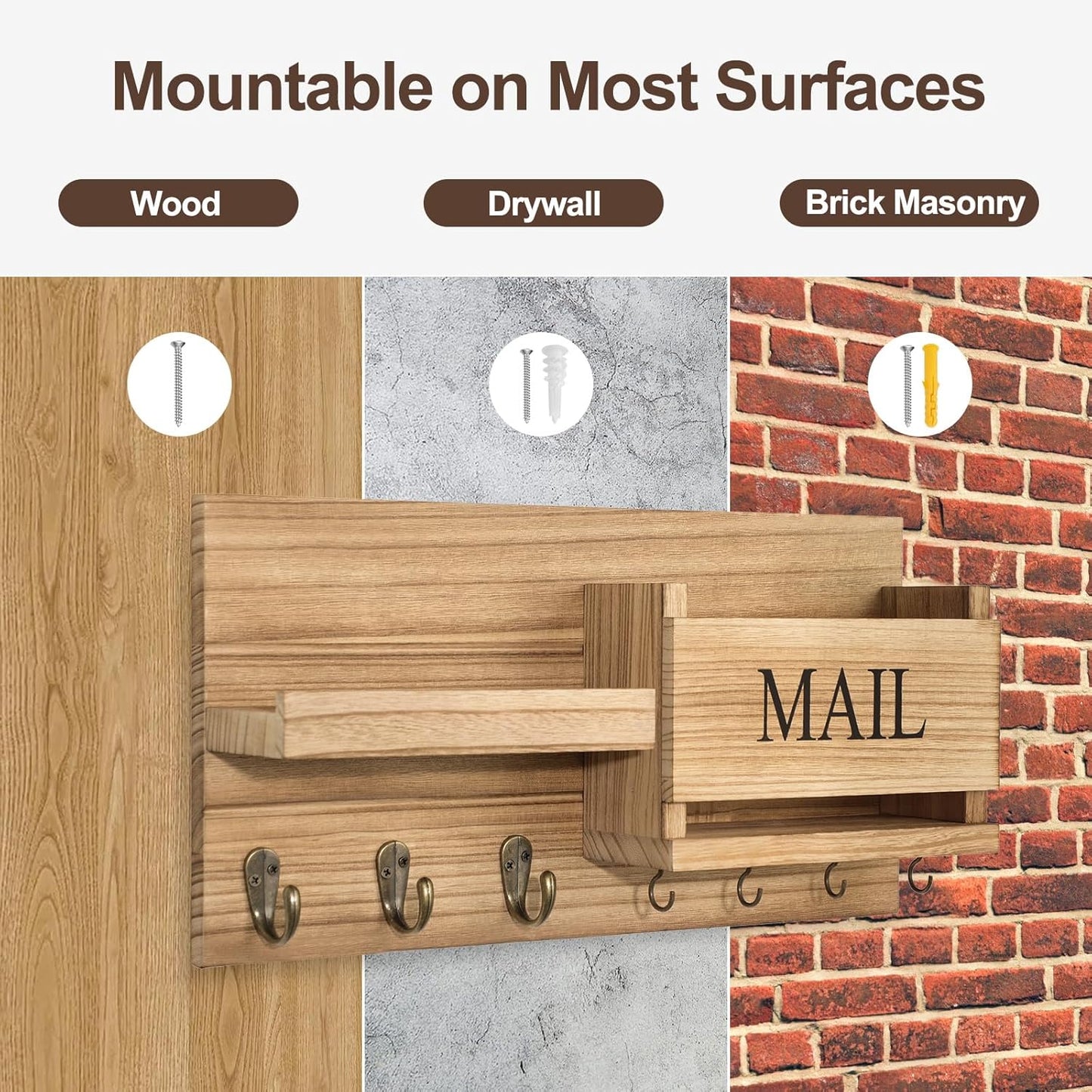Lwenki Mail Organizer for Wall Mount – Key Holder with Shelf Includes Letter Holder and Hooks for Hallway Farmhouse Decor – Rustic Wood with Flush Mounting Hardware (16.5” x 9.1” x 3.4”) (White)