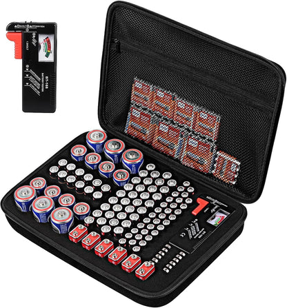 Battery Organizer Storage Case with Tester for AA AAA C D 9V Battery Holder 7 Batteries Variety Pack 111 Batteries Mesh Bag (Batteries Not Included) (black-green)
