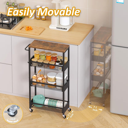 Vincona 7.1" Wide Slim Storage Cart on Wheels, 4 Tier Metal Narrow Rolling Cart with Handle and Wood Top, Multifunctional Small Mobile Shelf Unit Organizer Trolley for Laundry, Bathroom, Kitchen