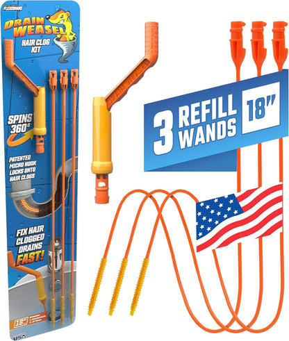 FlexiSnake Drain Weasel Sink Snake Hair Clog Remover Tool Kit, Sink, Pipe, Bathroom, Bathtub Drain Cleaner, 18-inch Long, Flexible, Made in The USA, 3 Pack Wand Refills and Removable Handle