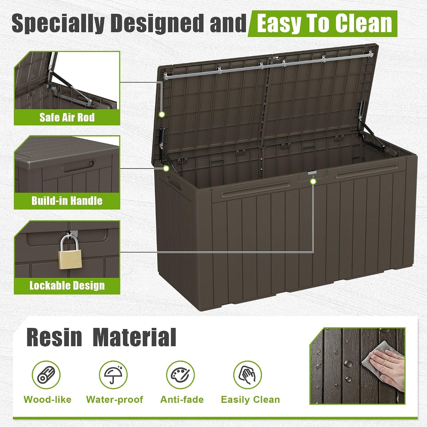 Flamaker Resin Deck Box 120 Gallon Waterproof Large Outdoor Indoor Storage Box Imitation Wood Resin for Patio Furniture Garden Tools and Pool (Black)
