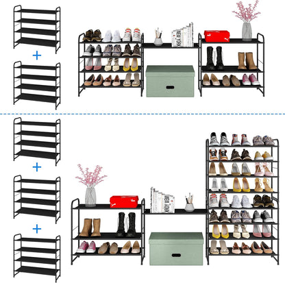Simple Trending 3-Tier Stackable Shoe Rack, Expandable & Adjustable Shoe Shelf Storage Organizer, Wire Grid, Black