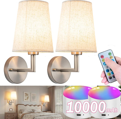 Wall Sconce Battery Operated Wall Light Fixure with Remote Control, Dimmable Battery Operated Wall Sconces Set Of Two, Indoor Wireless Wall Mounted Lamp with Rechargable Bulb For Bedroom Living Room (