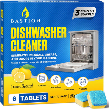 Bastion Dishwasher Cleaner Tablets, Lemon Scent, 3-Month Supply (6 Pods), Powerful Cleaning & Odor Removal, Descaling Tablets