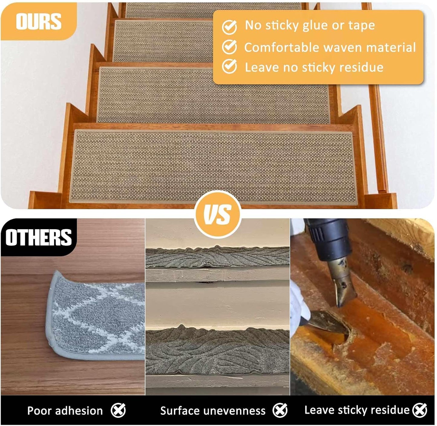 9" x36" Stair Treads Non Slip for Wooden Steps Indoor, 15 Pack, Beige | Reusable Peel and Stick Extra Wide Stair Treads Machine Washable