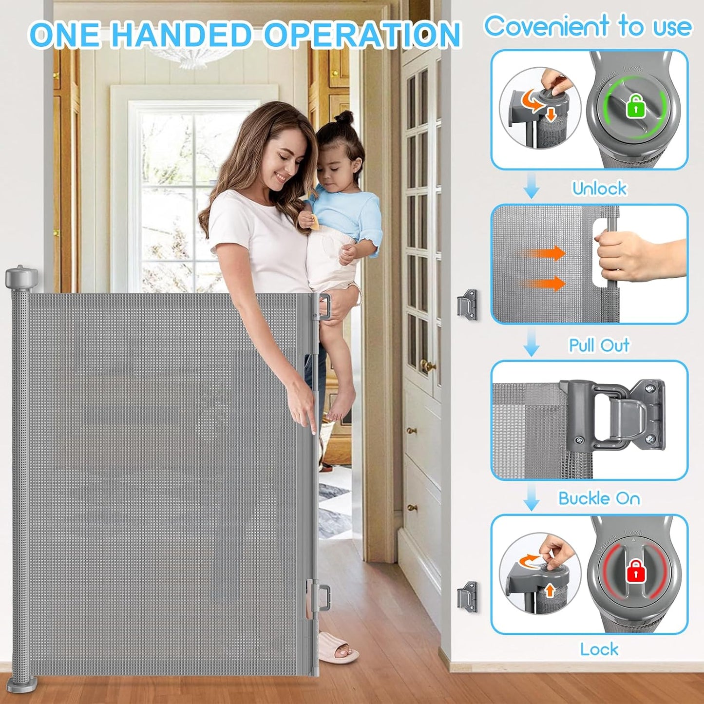 71 inch Retractable Baby Gates, EZIGO Extra Wide Baby Gate for Large Opening Extra Long Mesh Gate for Kids or Pet Dog Gate Child Safety Gate for Stairs Hallways Doorway Indoor Outdoor, Gray
