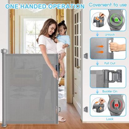 71 inch Retractable Baby Gates, EZIGO Extra Wide Baby Gate for Large Opening Extra Long Mesh Gate for Kids or Pet Dog Gate Child Safety Gate for Stairs Hallways Doorway Indoor Outdoor, Gray
