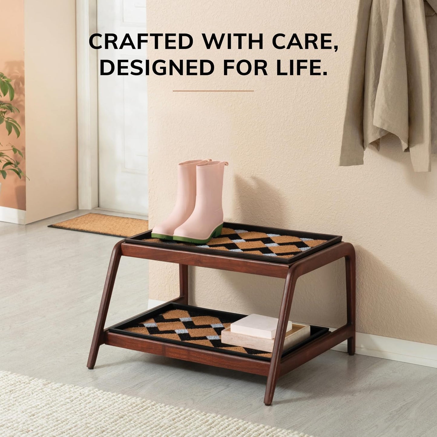 Anji Mountain Heavy Duty Waterproof Wooden Shoe Storage Mat Organizer/Boot Storage Tray Multi Use for Entryway with Coir, Gray and Ivory Insert, 1 Tier, Fits 2 Pair (26.5" Wide)
