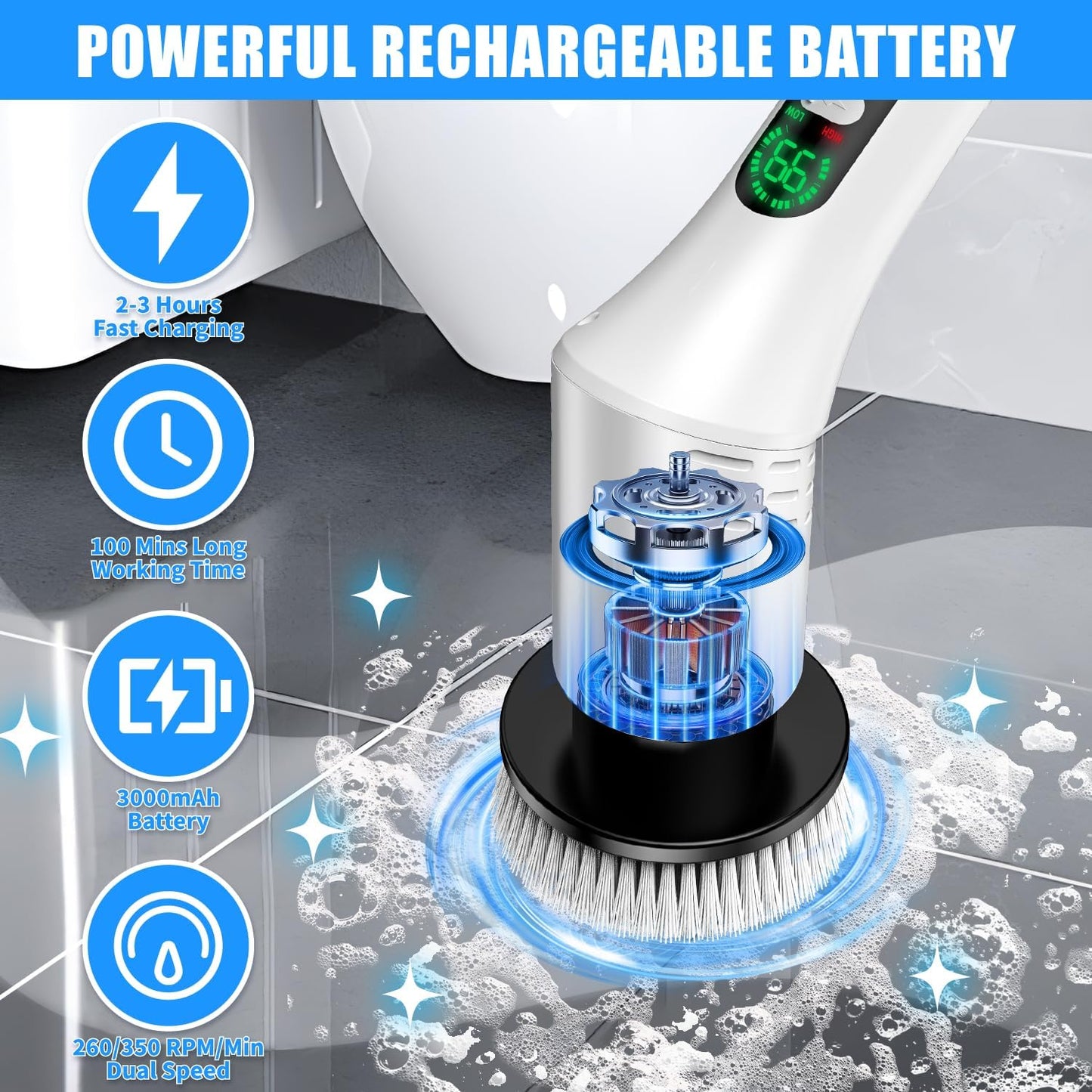 Electric Spin Scrubber, Cordless Power Cleaning Brush with 7 Replaceable Heads, Adjustable Long Handle, & LCD Display, IPX7 Waterproof Shower Scrubber for Bathroom, Tub, Tile, Kitchen & Car