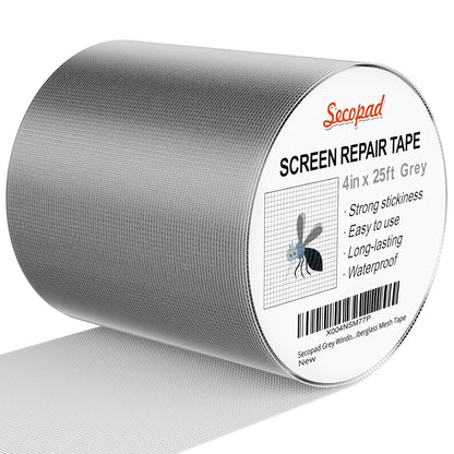 Secopad Black Window Screen Repair Tape, 4 in X 20 FT (240IN) Kit for Windows or Doors, Strong Adhesive Patch Fiberglass Mesh Repair