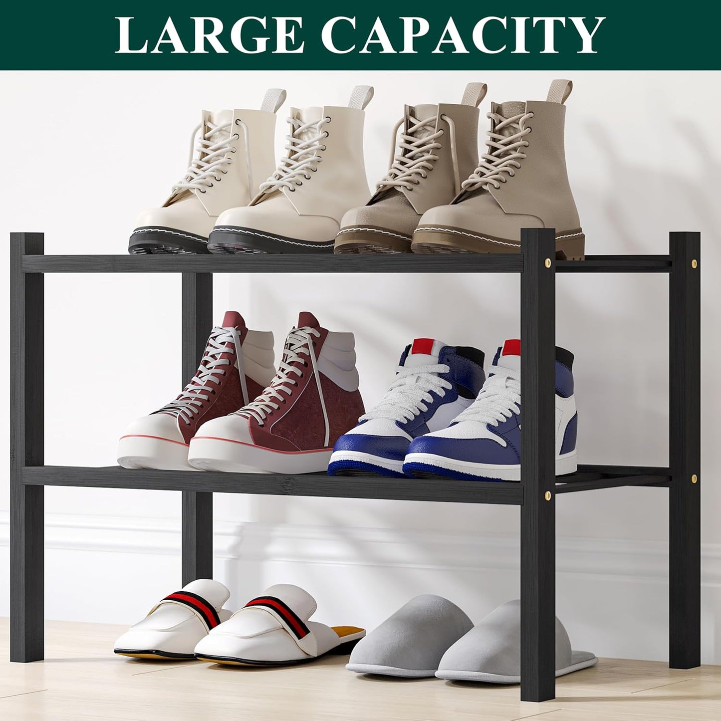 Smiry Bamboo Shoe Rack, 3 Tier Free Standing Wooden Shoe Organizer, Stackable Wood Shoe Storage Shelf for Closet, Entryway, 12 Vertical Slats, 2+1 Stack Standard Legs, 26.8"x11"x19.5", Natural