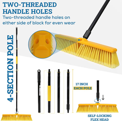 KLEEN HANDLER 24" Heavy Duty Push Broom with 61" Long Extendable Metal Handle with Threaded Plastic Screw for Deck Driveway Garage Yard Patio Warehouse Hard Floor Cleaning