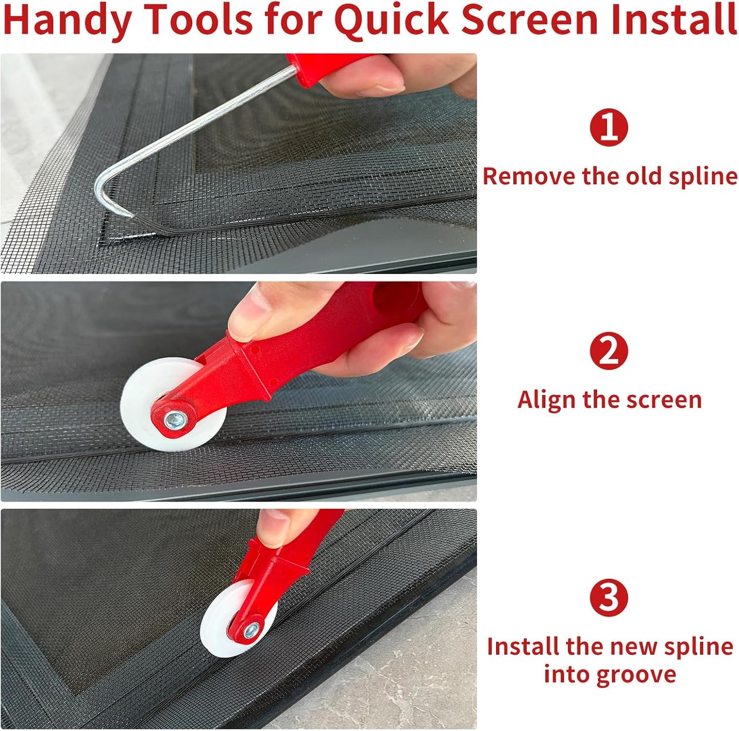 4PCS Window Screen Door Repair and Replacement Kit, 48"x118" Fiberglass Screen Mesh, 0.125" x 40' TPE Spline,Spline Roller and Remove Hook, Window Screen and Sliding Screen Door Replacement
