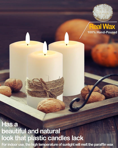 Gmnee 3"x4" Flickering Flameless Candles with Remote Timer, Real Wax, Ivory Pillar Candles, Set of 3 Fake LED Battery Operated Candles for Home, Fireplace, Centerpiece, Rustic and Farmhouse Decor