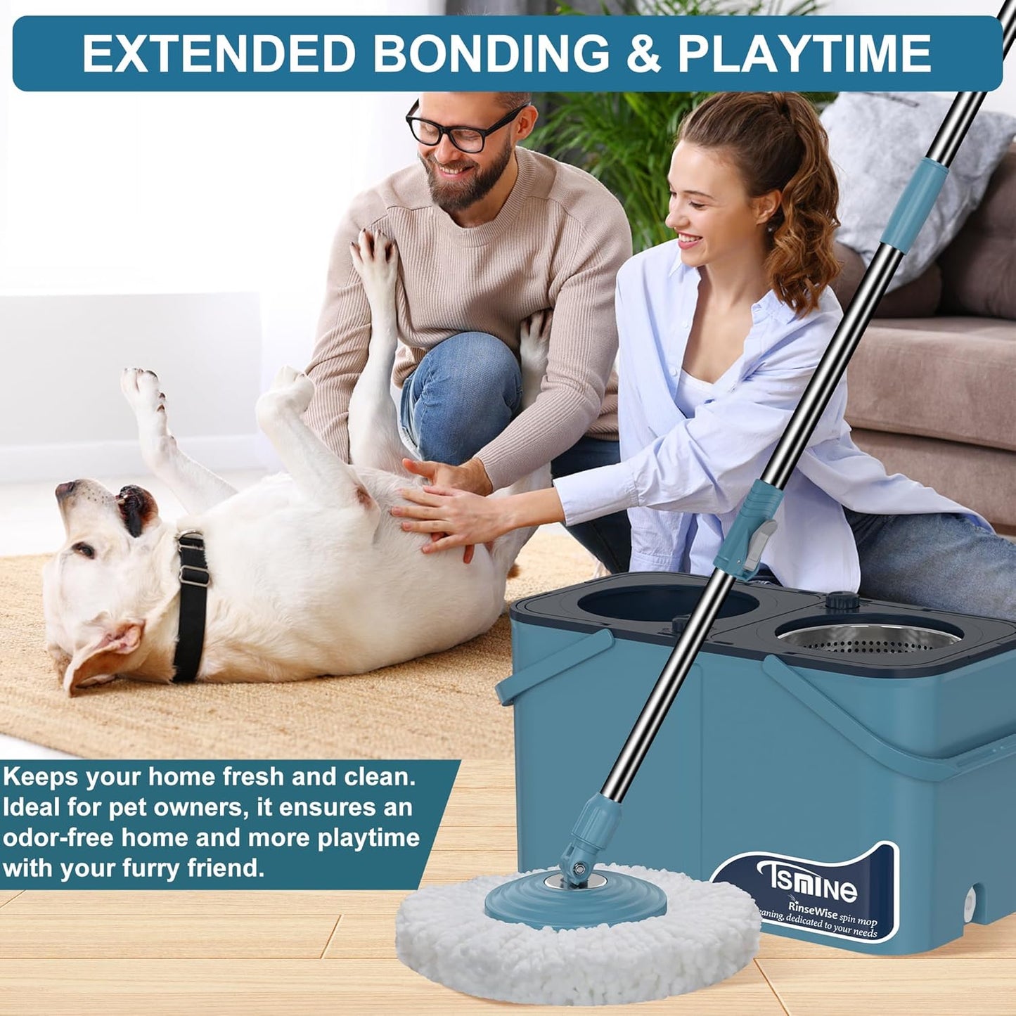 Spin Mop for Large Homes & Big Floor Cleaning, Clean & Dirty Water Separation Mop Bucket for Family & Pet Homes,4-Chamber System, Glide Wheels, Safe for Hardwood & Tile, Adjustable Handle, 6 Mop Heads