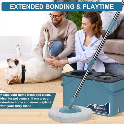 Spin Mop for Large Homes & Big Floor Cleaning, Clean & Dirty Water Separation Mop Bucket for Family & Pet Homes,4-Chamber System, Glide Wheels, Safe for Hardwood & Tile, Adjustable Handle, 6 Mop Heads