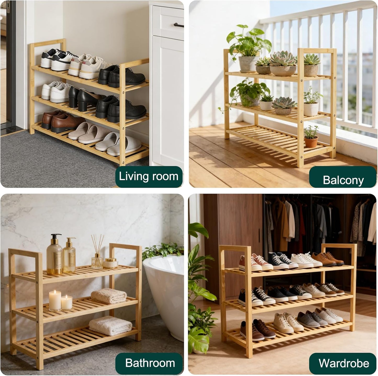 4 Tier Bamboo Wooden Shoe Rack for Closet & Entryway, Free Standing Shoe Rack Stand Organizer Shelf for Garage, Bedroom, Small Space Storage, Stackable