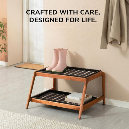 Anji Mountain Heavy Duty Waterproof Wooden Shoe Storage Mat Organizer/Boot Storage Tray Multi Use for Entryway with Coir, Tan Rectangle Embossed Insert, 1 Tier, Fits 2 Pair (26.5" Wide)