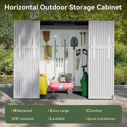 AOXUN Horizontal Storage Sheds 21 Cu.ft, HDPE Outdoor Storage Box 160 Gallon, Waterproof Lockable Resin Deck Box with Spring-Assisted Lid, Patio Storage for Garden, Pool, Cushions, Tools, White