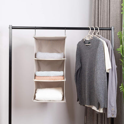 Hanging Closet Organizer 3-Shelf, Oxford Fabric Wardrobe Storage, Gray | Easy-mount foldable design holds clothes, handbags, shoes & accessories; washable Oxford fabric, sturdy and space-saving.