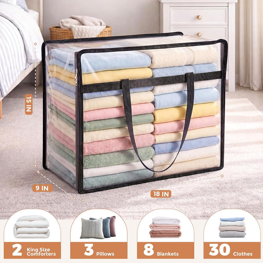 6 Pack Clear Storage Bags for Clothes, 40L Closet Organizers and Storage | Plastic storage with zipper and handle, moving bags, under-bed storage, closet organizer for blankets, comforters, toys