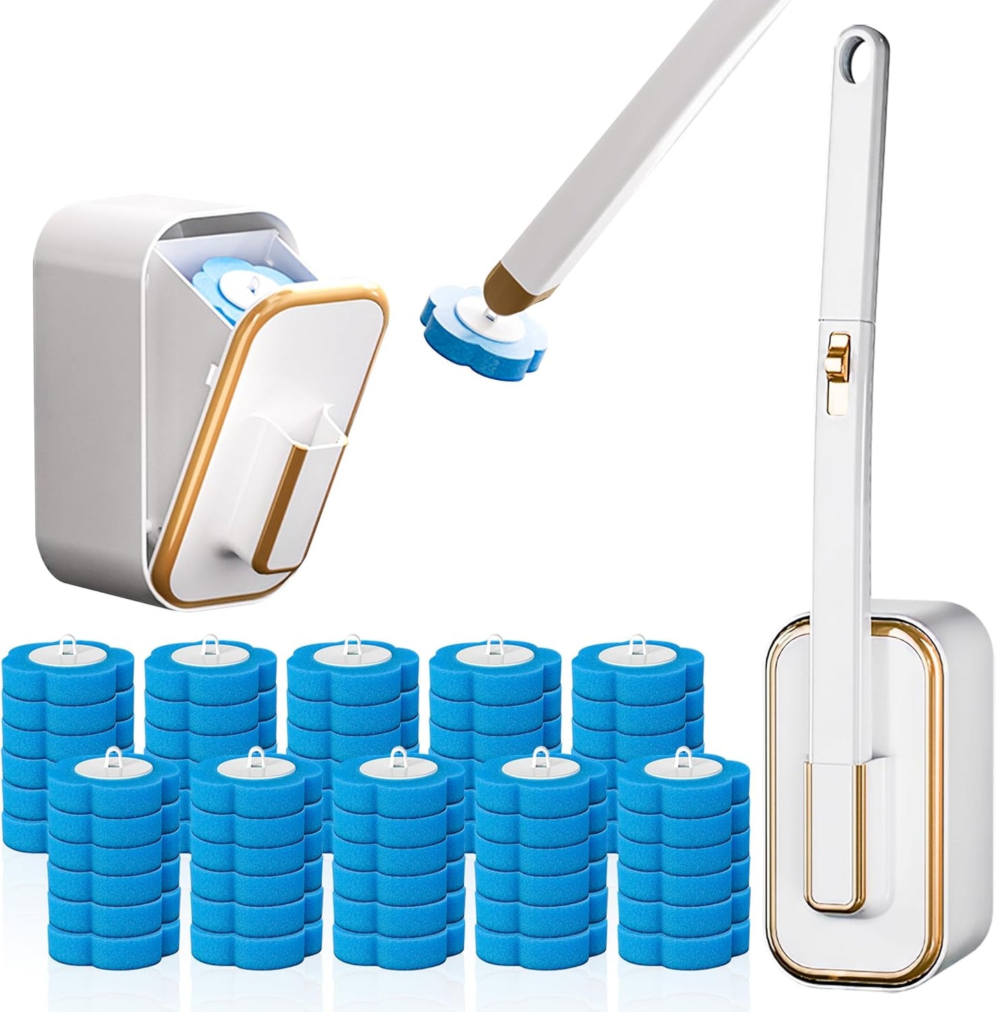 Disposable Toilet Cleaning Brush - Toilet Bowl Cleaner Wand and Holder Set with 60 Refills, Wall Mounted Clean Stick Brush Heads Kit with Handle for Bathroom Bathtub Cleaning System