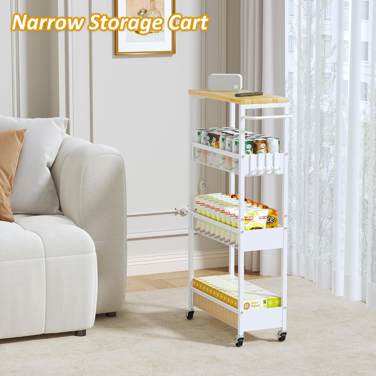 Vincona 7.1" Wide Slim Storage Cart on Wheels, 4 Tier Metal Narrow Rolling Cart with Handle and Wood Top, Multifunctional Small Mobile Shelf Unit Organizer Trolley for Laundry, Bathroom, Kitchen
