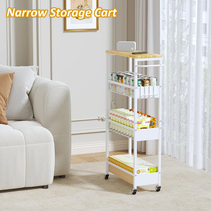 Vincona 7.1" Wide Slim Storage Cart on Wheels, 4 Tier Metal Narrow Rolling Cart with Handle and Wood Top, Multifunctional Small Mobile Shelf Unit Organizer Trolley for Laundry, Bathroom, Kitchen