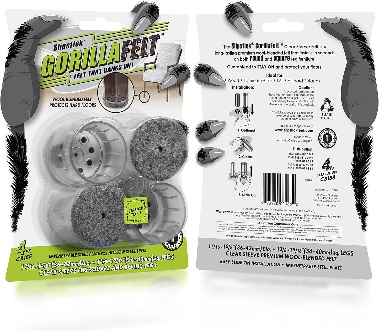 GorillaFelt Chair Leg Floor Protectors/Felt Chair Glides (Set of 16) Tap-On Felt Furniture Pads Guaranteed to Stay On, 1 Inch Round Chair Sliders