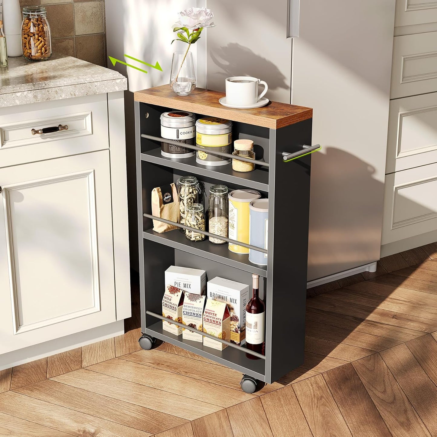 LITTLE TREE 4 Tier Rolling Cart with Wheels, 6.3 Inch Slim Storage Cart, Wooden Snack Cart with Narrow Shelf, White Laundry Room and Bathroom Organizer Shelves