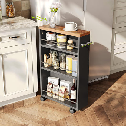 LITTLE TREE 4 Tier Rolling Cart with Wheels, 6.3 Inch Slim Storage Cart, Wooden Snack Cart with Narrow Shelf, White Laundry Room and Bathroom Organizer Shelves