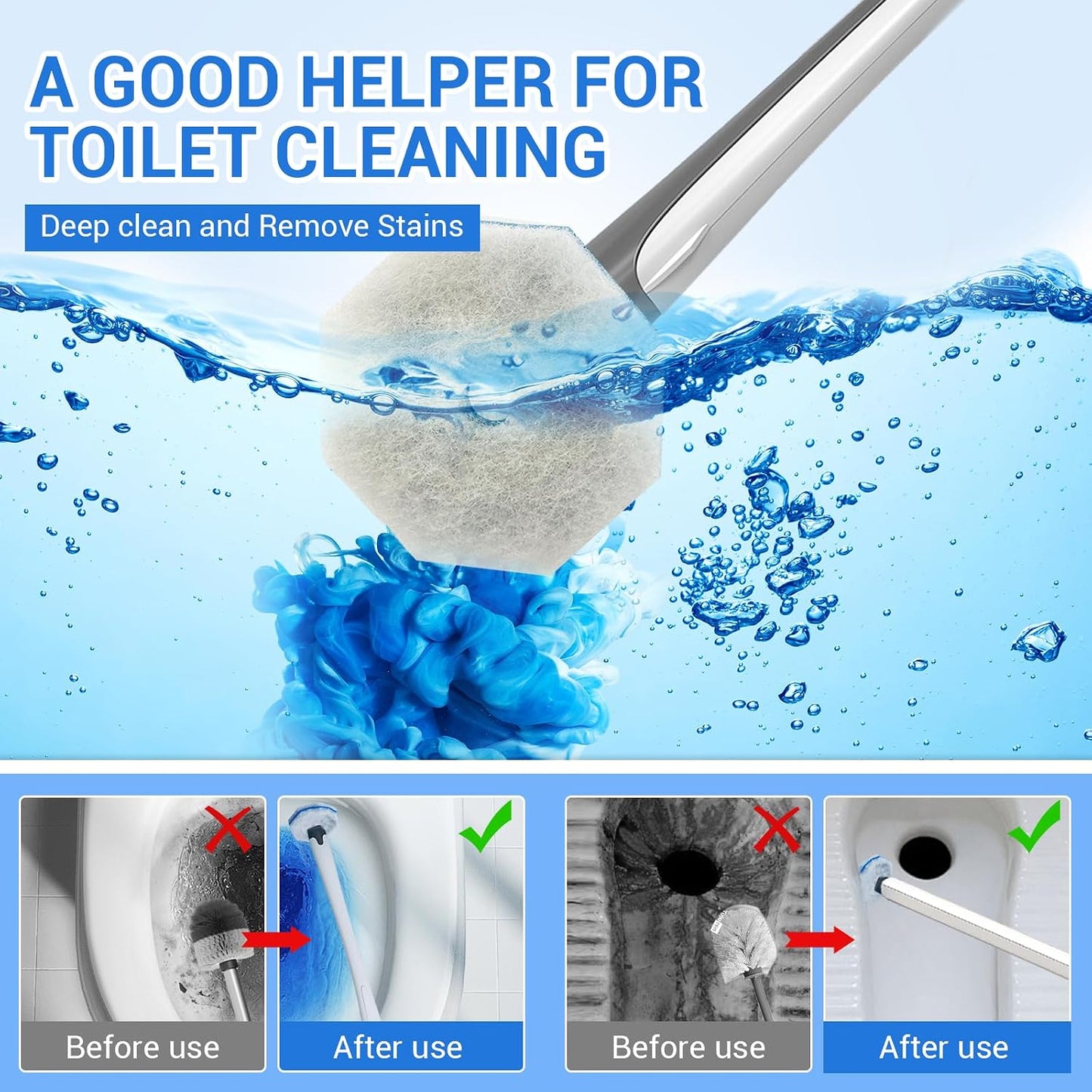 50 Pack Disposable Toilet Brush Refills, Universal Compatible Replacement Heads, 3-Layer Deep Cleaning Sponges for Bathroom Wand, Blue & White Striped Scrubbers