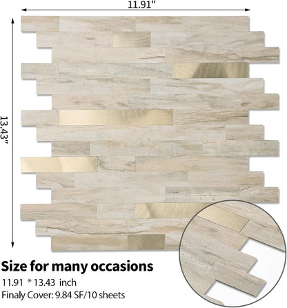 Yipscazo 2026 New Upgrade 11.34" X 11.57" Peel and Stick Backsplash, Stick on Backsplash Tiles for Kitchen, Bathroom, Fireplace (10 Sheets, Beige Rocks + Rose Gold)