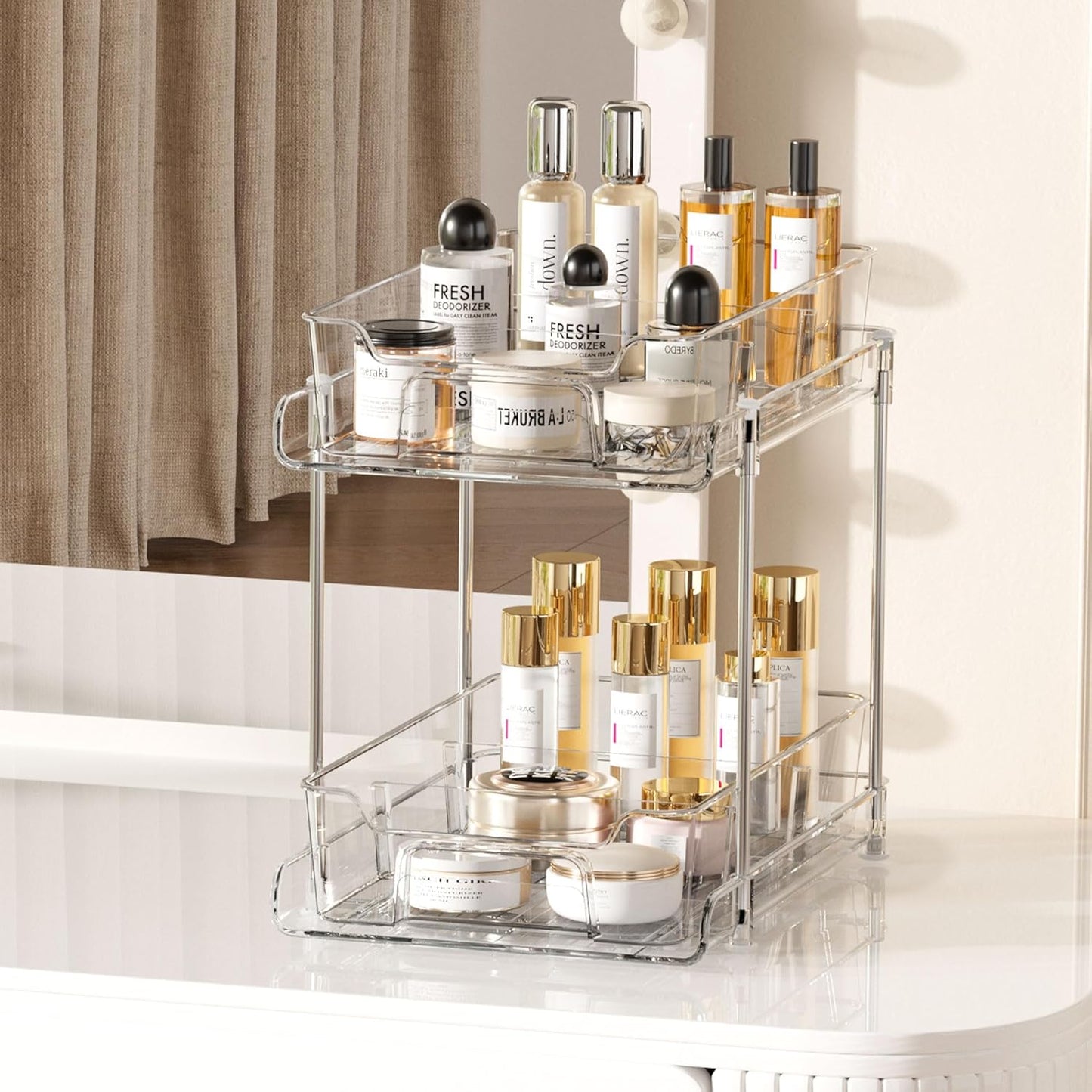 Vtopmart 2 Tier Bathroom Storage Organizer, 2 Pack Clear Under Sink Organizers Vanity Counter Container, Cabinet Drawers Bins, Pull-Out Organization with Track for Pantry, Kitchen
