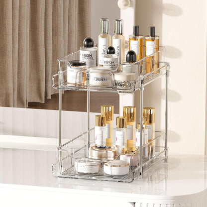 Vtopmart 2 Tier Bathroom Storage Organizer, 2 Pack Clear Under Sink Organizers Vanity Counter Container, Cabinet Drawers Bins, Pull-Out Organization with Track for Pantry, Kitchen
