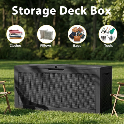 125Gal Outdoor Storage Box, Lockable Deck Box with Hydraulic Lid | Waterproof UV-resistant, Durable outdoor bin for patio cushions, pool accessories & garden tools. Keeps contents secure & dry
