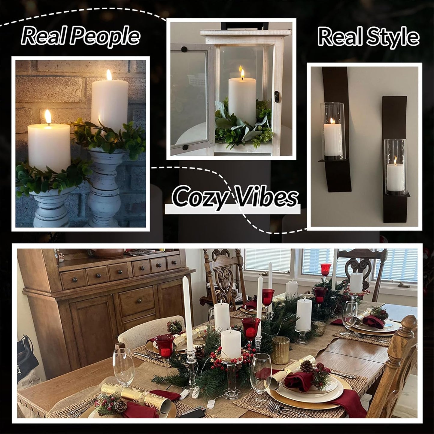 Black Flameless Pillar Candles with Remote, Flickering LED Wax Candles Battery Operated Set of 3