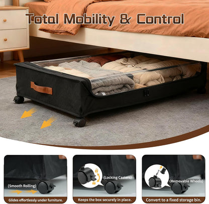 Under Bed Storage with Wheels, Black, 35L Large Capacity | Clear Lid & Label, Rolling Metal Drawer, For Clothes, Shoes, Toys, Books, Blankets