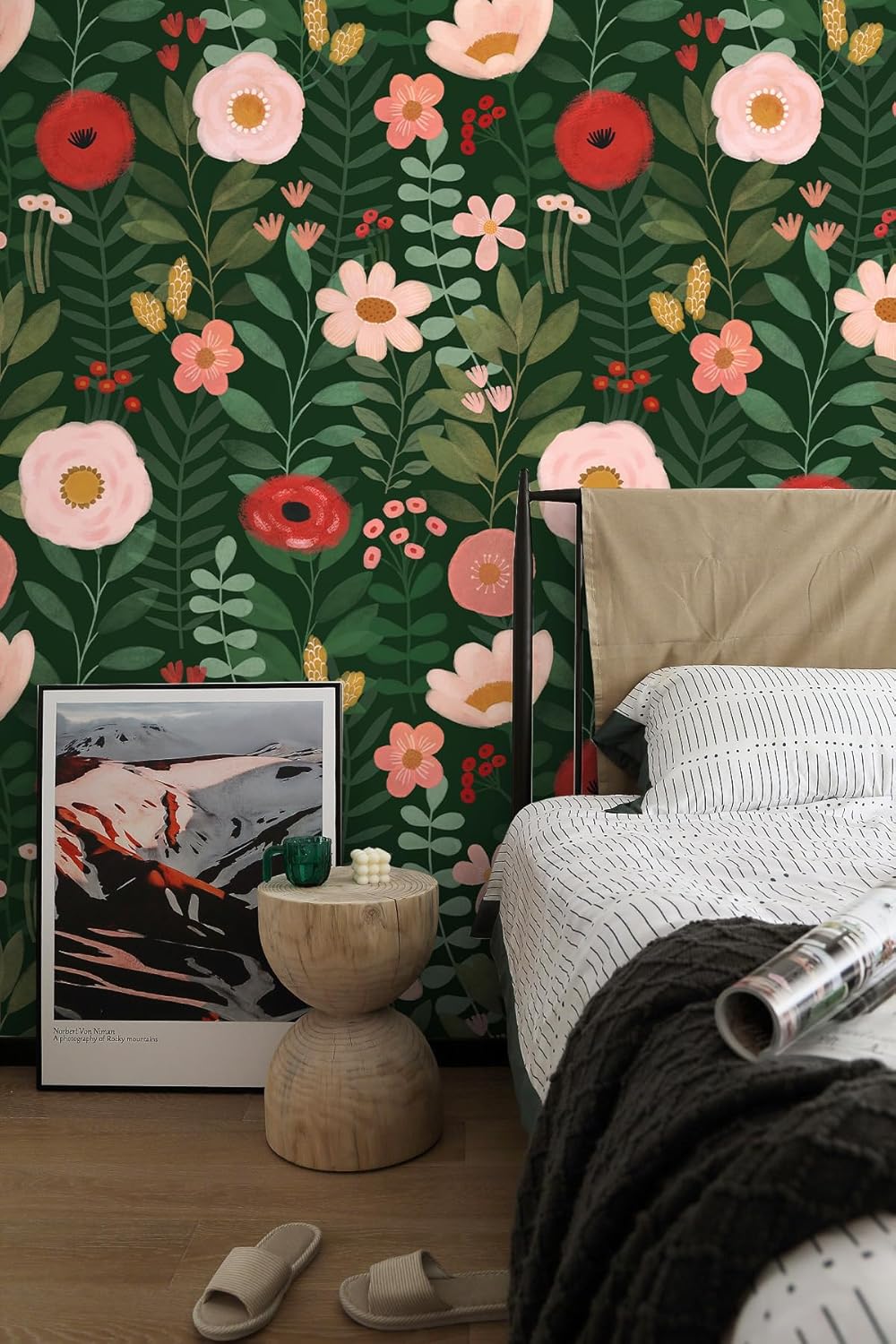 HAOKHOME Floral Peel and Stick Wallpaper Boho Vintage Wall Paper Removable for Bathroom Nursery Beige/Pink/Red Contact Paper 17.3in x 9.8ft