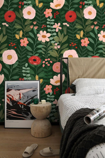 HAOKHOME Floral Peel and Stick Wallpaper Boho Vintage Wall Paper Removable for Bathroom Nursery Beige/Pink/Red Contact Paper 17.3in x 9.8ft