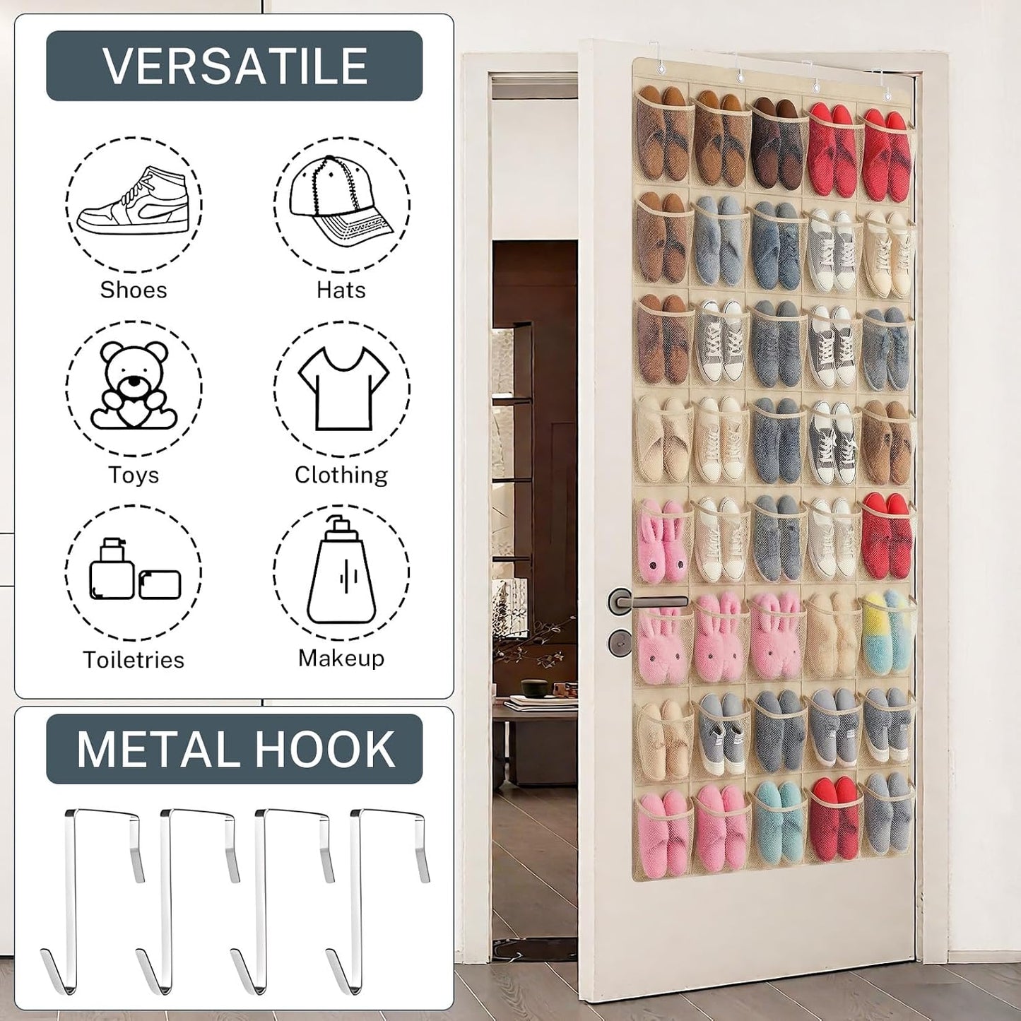 40 Large Mesh Pocket Over the Door Shoe Organizer,Hanging Shoe Rack for Door,Hualleko Shoes Organizer Hanger with Large Capacity, Shoes Storage Holder Sturdy Non-woven Fabric - Stores 20 Pairs (White)