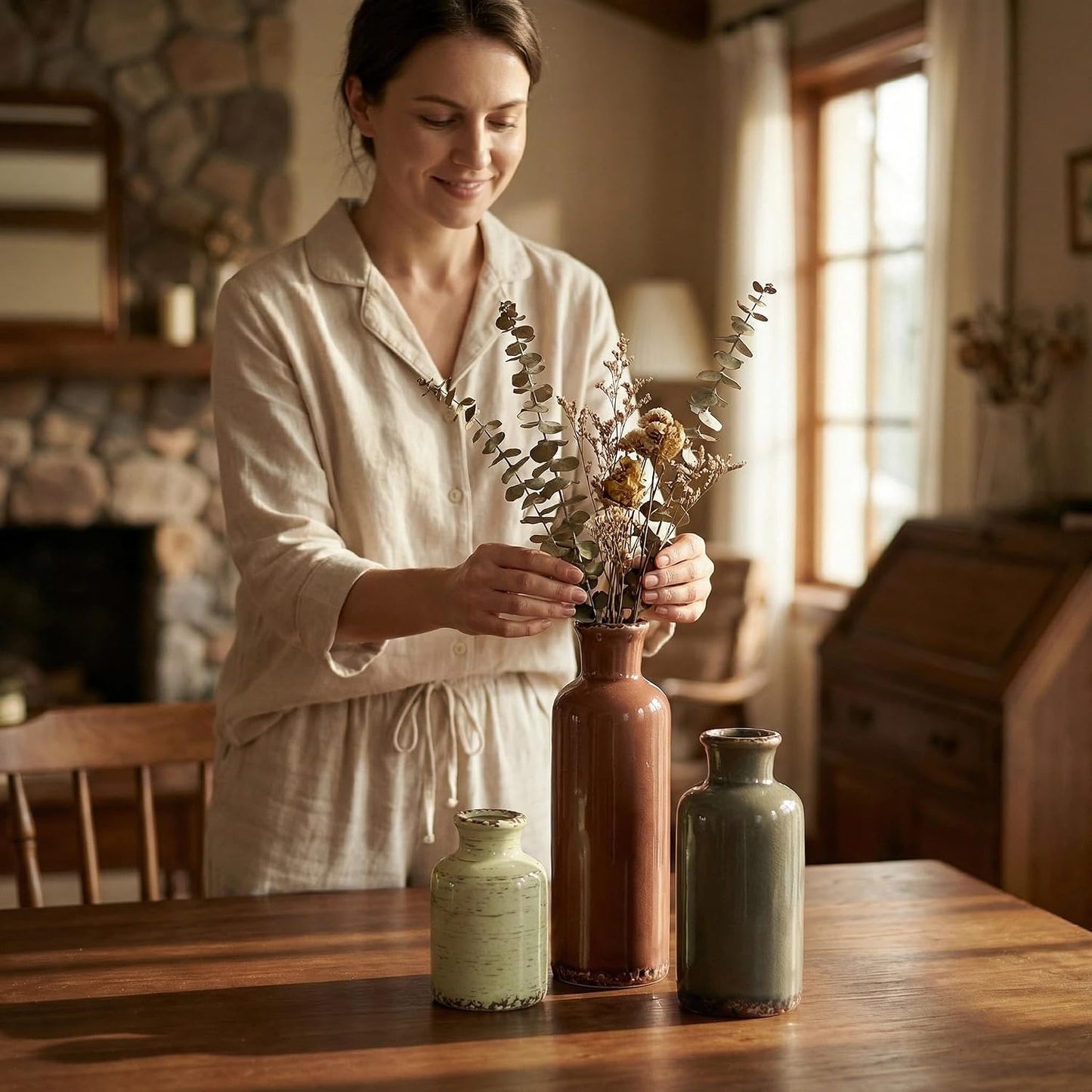 Ceramic Vase Set of 3 with Handles, Green White Neutral Rustic Modern Farmhouse Boho Decor, Versatile as Table Centerpiece or Mantel & Shelf Accent - Unique Home Gift Idea