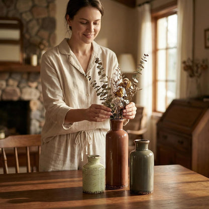 Ceramic Vase Set of 3 with Handles, Green White Neutral Rustic Modern Farmhouse Boho Decor, Versatile as Table Centerpiece or Mantel & Shelf Accent - Unique Home Gift Idea