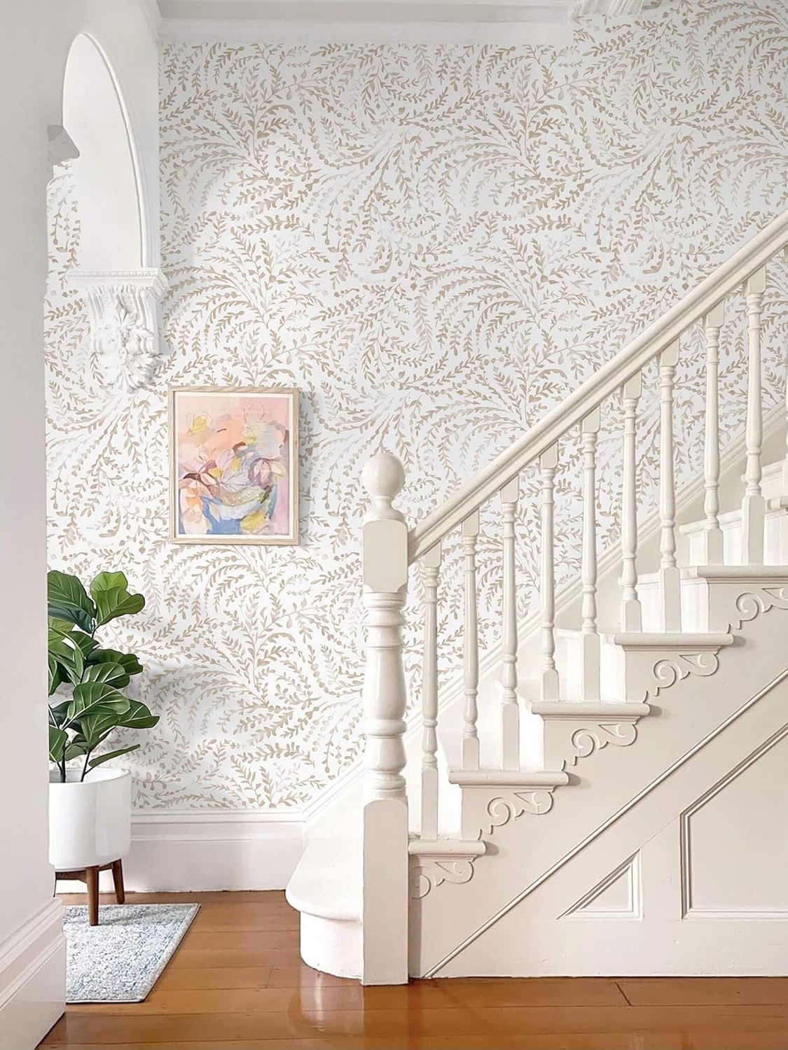 Ismoon Peel and Stick Wallpaper Boho Beige Contact Paper Neutral Floral Wall Paper Textured Self Adhesive Removable Wallpaper for Bedroom Kitchen Renter Friendly Vinyl 17.3" x 78.7"