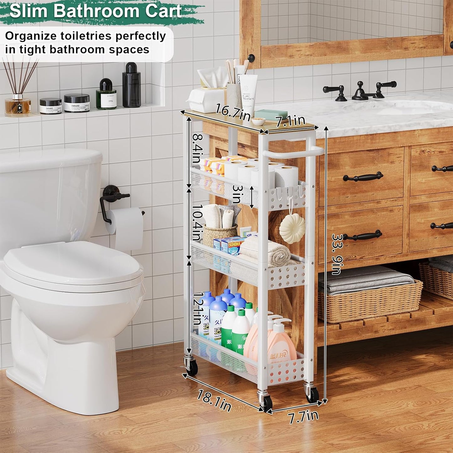 Utility Slim Storage Cart, 4-Tier Narrow Bathroom Organizers and Storage Cart, Narrow Metal Kitchen Laundry Room Organization Shelf with Wood Top, Slim Rolling Carts with Wheels for Small Space