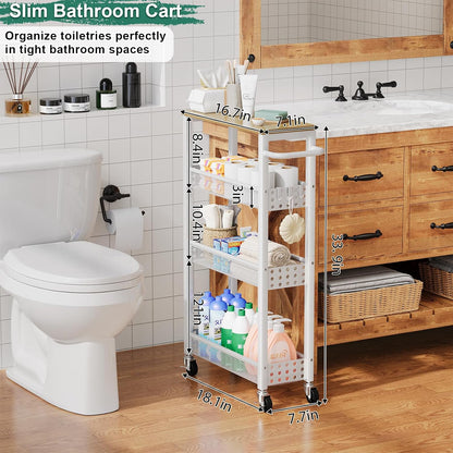 Utility Slim Storage Cart, 4-Tier Narrow Bathroom Organizers and Storage Cart, Narrow Metal Kitchen Laundry Room Organization Shelf with Wood Top, Slim Rolling Carts with Wheels for Small Space